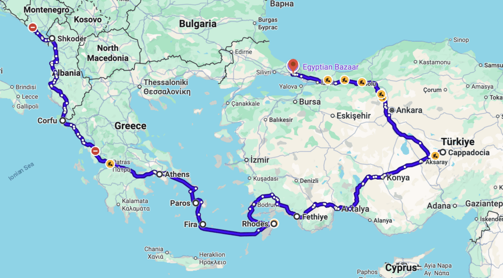Route of 1 Month Balkans & Eastern Mediterranean Itinerary