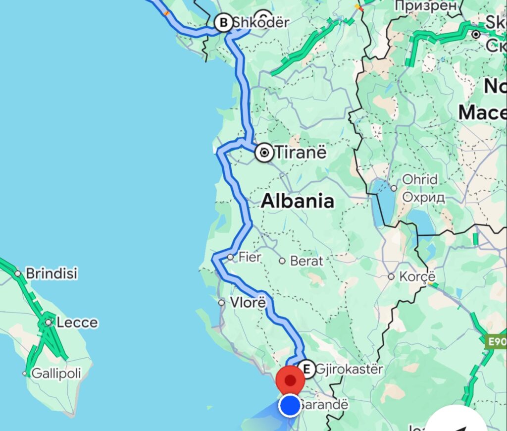 Map showing Albania itinerary connecting Shkoder, Lake Koman, and Gjirokaster.