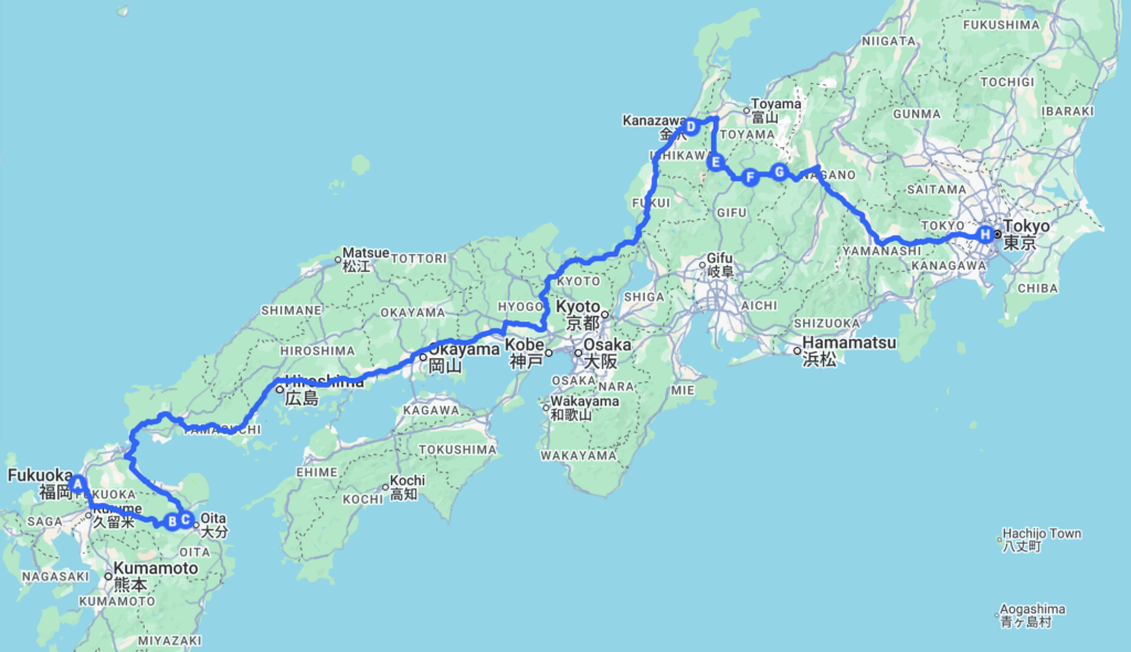 Map of 2 week Japan itinerary starting from Fukuoka and ending in Tokyo.