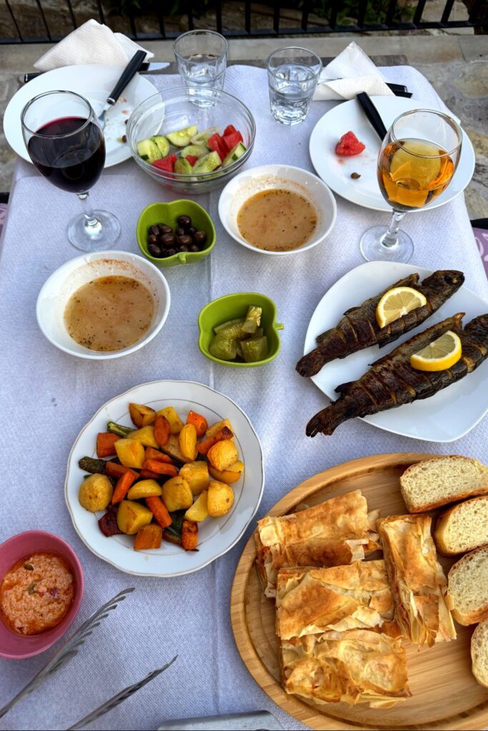 Traditional Albanian outdoor lunch with grilled fish, potatoes, salads, bread, and local beverages.