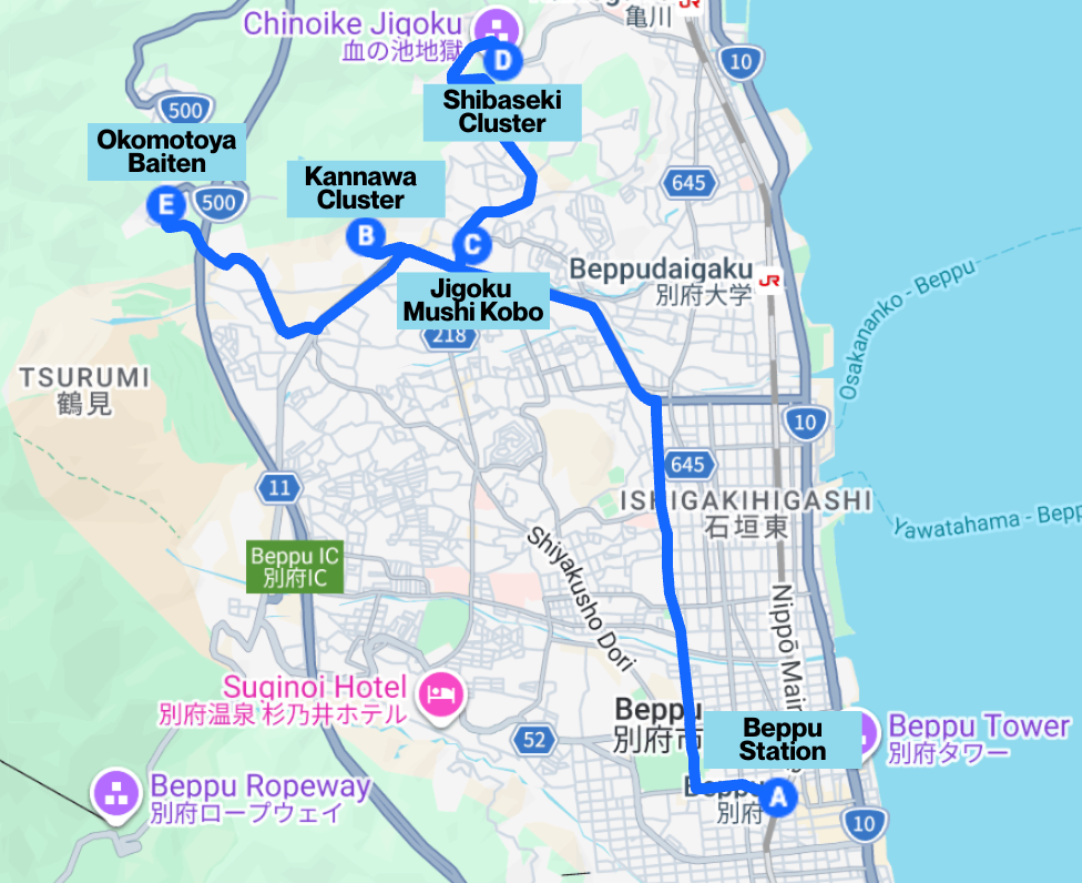 Map showing points of interest on a 1-day Beppu itinerary.