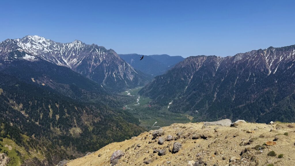Panoramic view of Kamikochi valley and the Northern Alps seen from the summit of Mount Yakedake