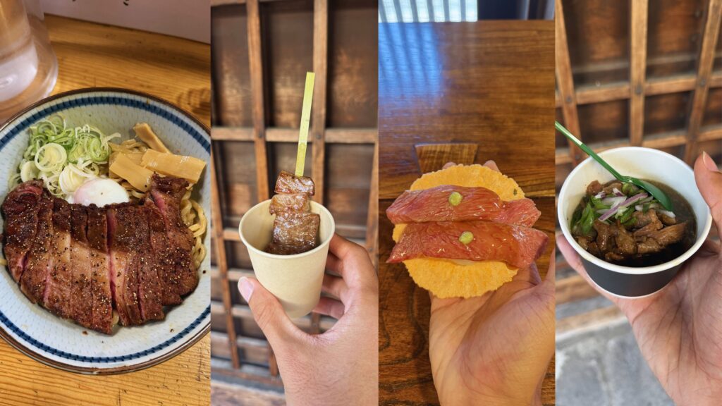 Collage of Hida beef dishes including aburasoba noodles, beef skewer, beef on cracker, and beef bowl