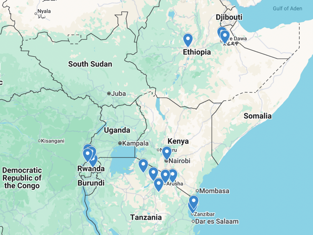 Map of East Africa showing points of interest such as Mount Kilimanjaro, Zanzibar, and Kigali.