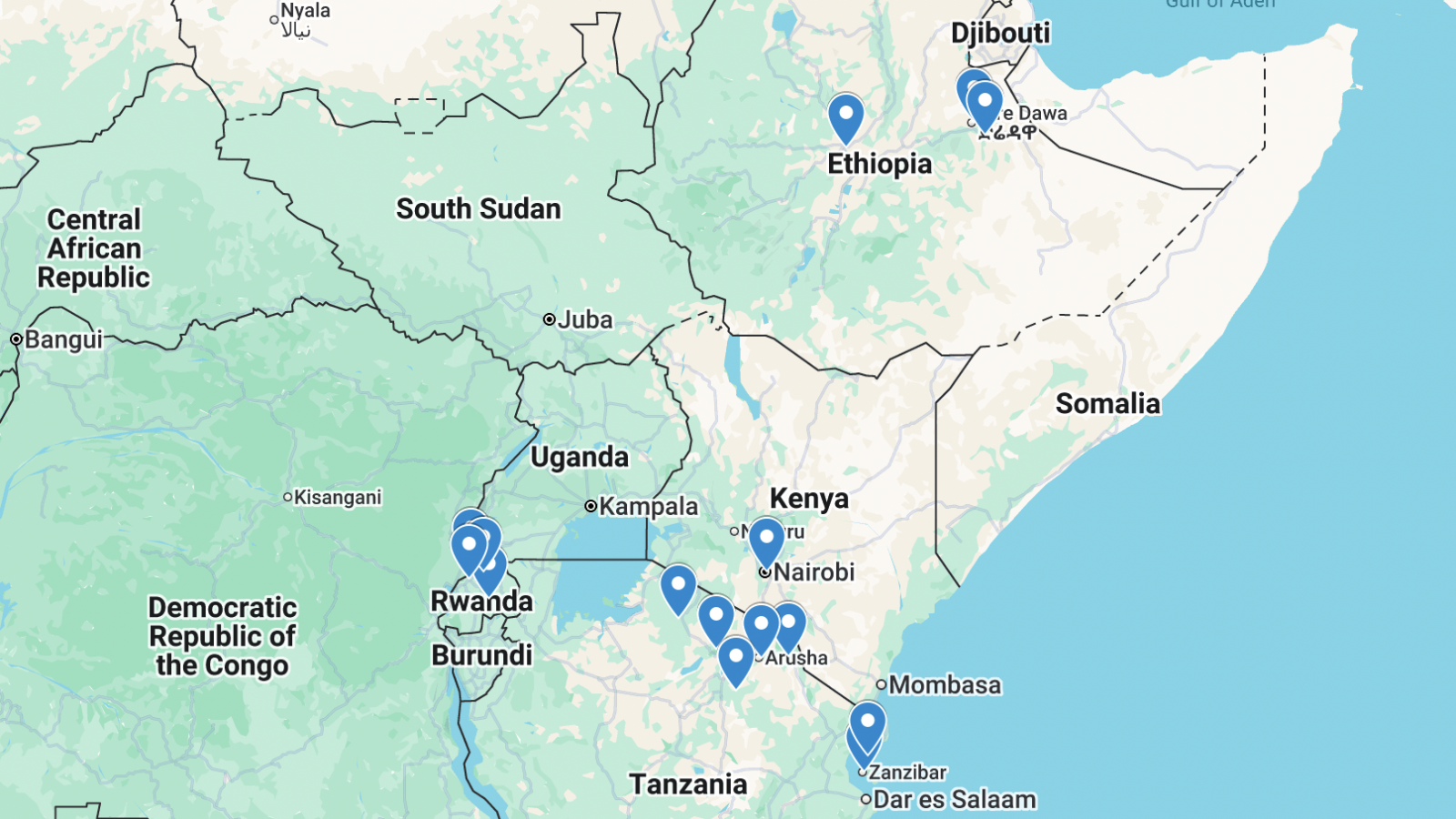 Map of East Africa showing points of interest such as Mount Kilimanjaro, Zanzibar, and Kigali.