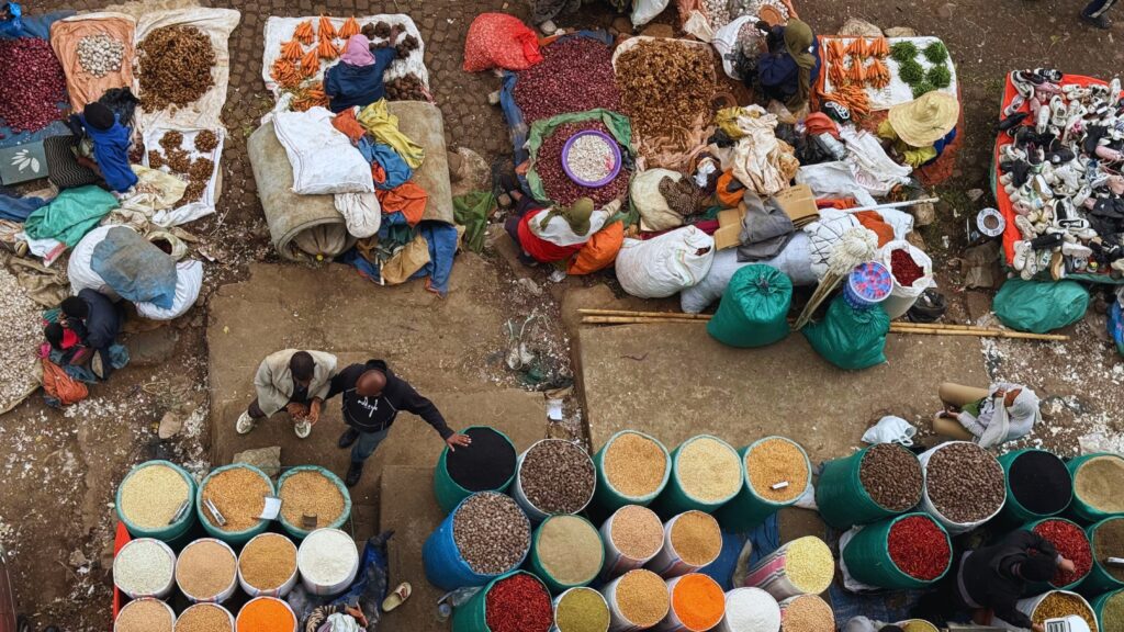 Overhead view of spices for sale at an Ethiopian market