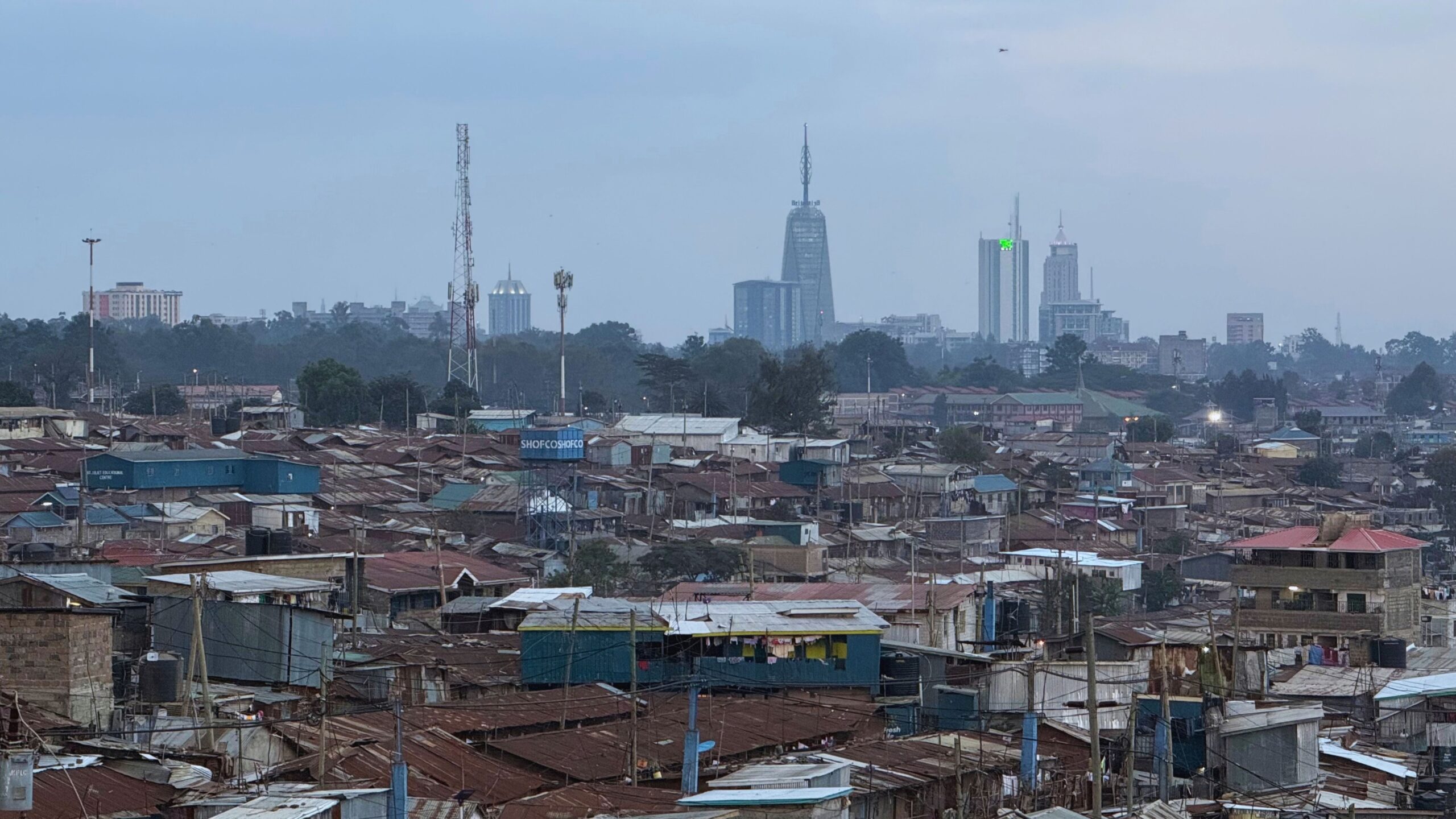 View of the Nairobi skyline above Kibera, Kenya