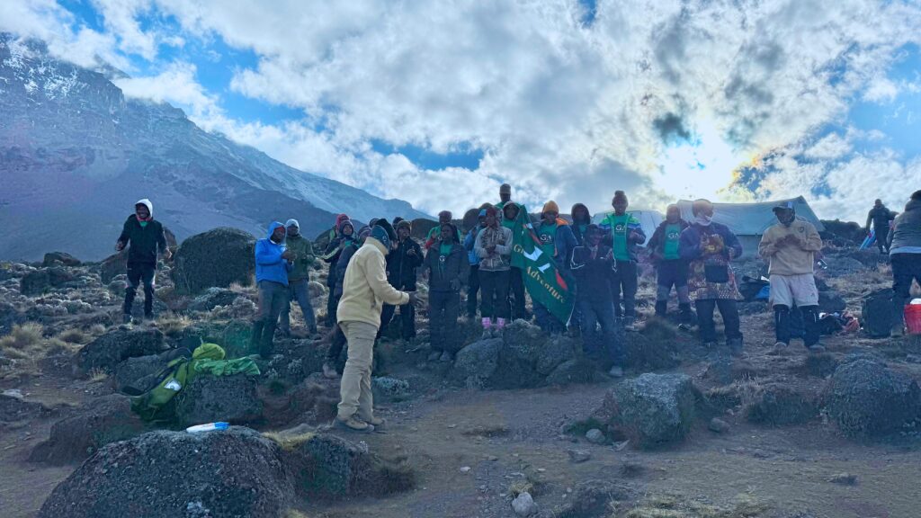 The full 31-person Gladys Adventures mountain crew gathered for an introduction at camp