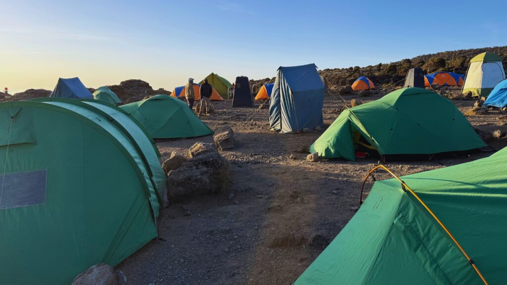 Green tents at a Kilimanjaro camp lit by the setting sun