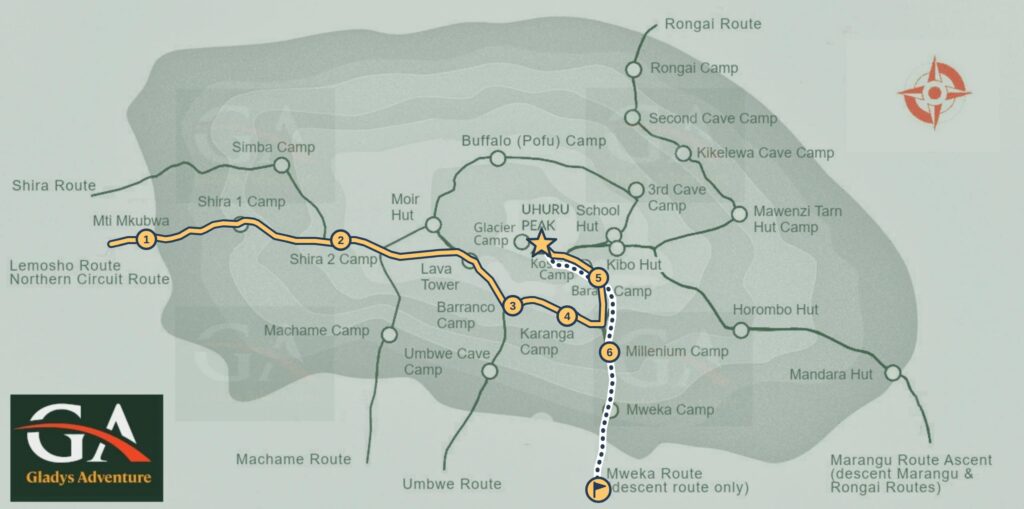 Map showing each stop along the 7-day Lemosho route