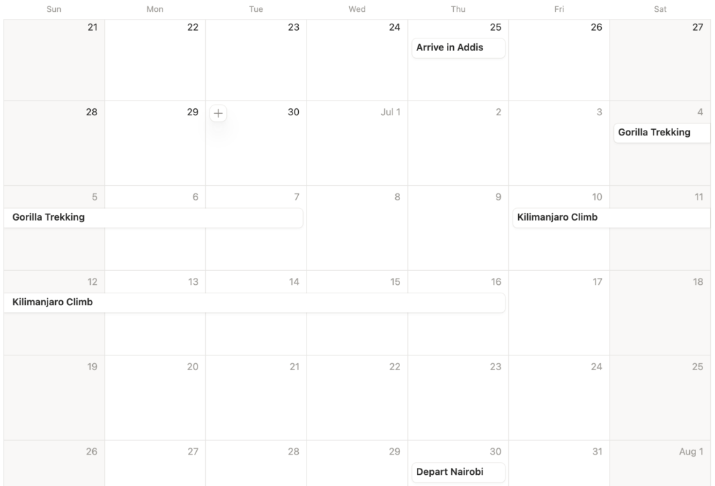 Calendar showing the anchor dates for a 5-week East Africa itinerary: arriving in Addis Ababa, gorilla trekking, the Kilimanjaro climb, and departing Nairobi. This calendar is used to show how to plan a multi-country itinerary.