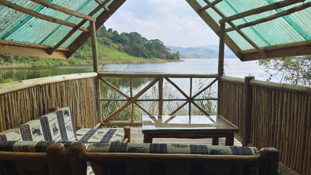 Lounge area at a lodge on Lake Bunyonyi
