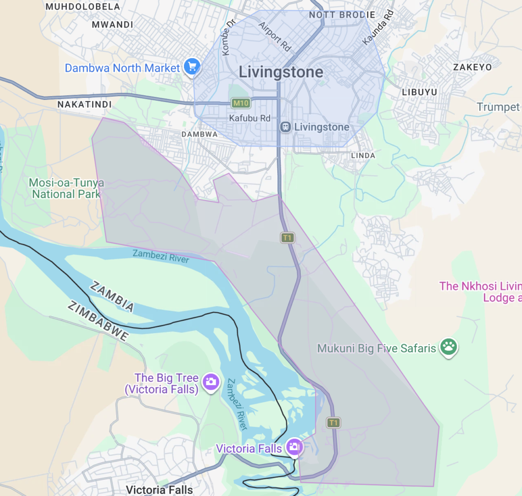 Victoria Falls Places to Stay map showing Livingstone town center highlighted in blue and the Zambezi riverside highlighted in purple. 