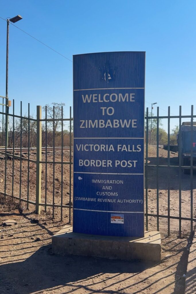 Welcome to Zimbabwe sign at the Victoria Falls Border Post for immigration and customs